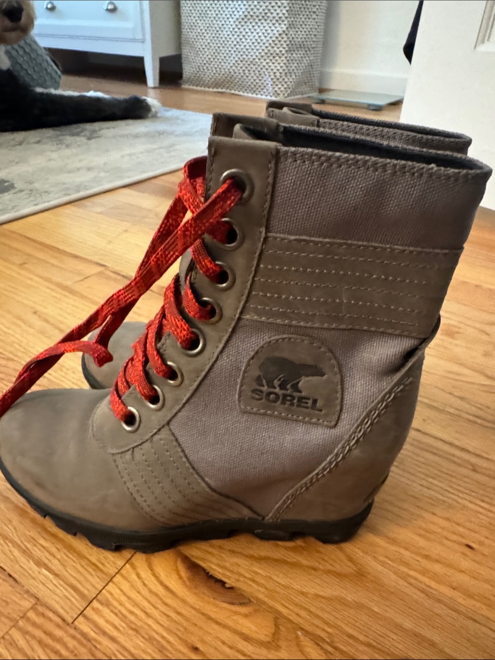 Sorel Taupe Gray Canvas & Leather Boot with Red Laces
